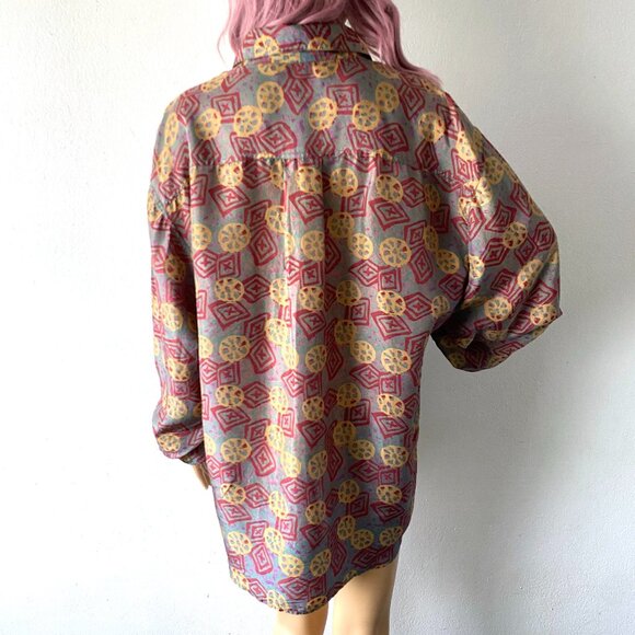 Vintage Silk Button Down Oversized Shirt Streetwear Bohemian Blouse Artsy Top L - Picture 5 of 10